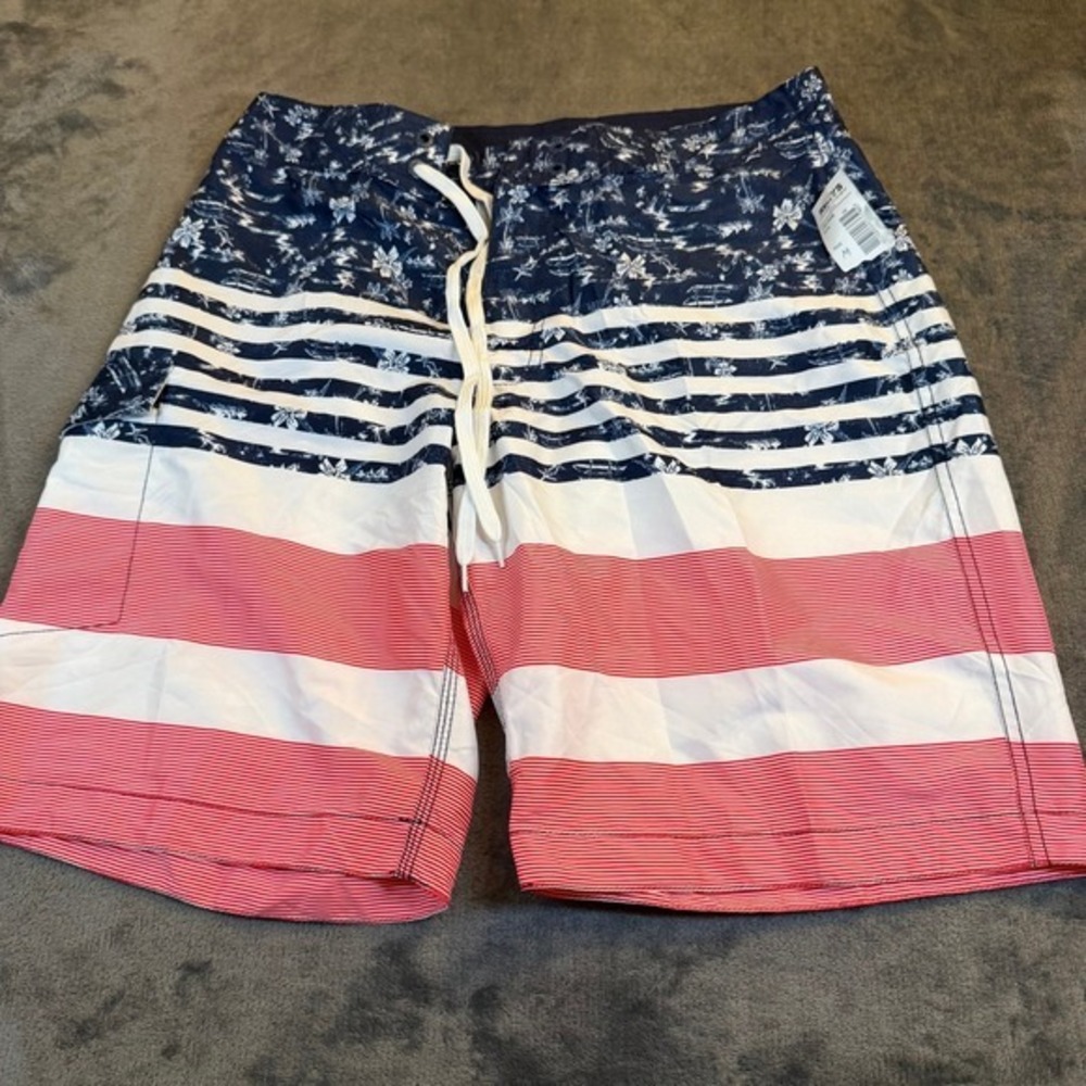 Old Navy Board Shorts Mens Medium Blue Red White Floral Striped Drawstring NWT